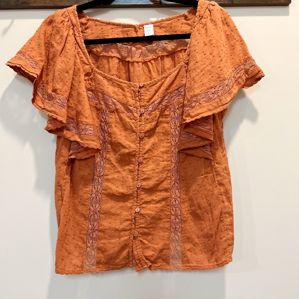 Old Navy Oversized Clip Dot Crochet Lace Button Front Blouse – Rust Orange